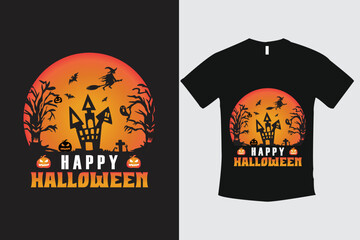 Halloween t shirt ready design. Printable Halloween design for t shirt. Vector design of pumpkin, witch, grave, moon and scary night. Scary easy printable t shirt design for men. women and child.