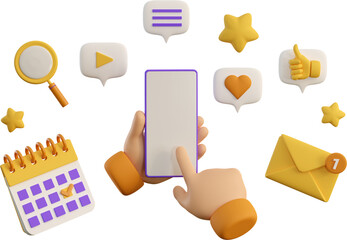 3d education concept poster for university and school. Smartphone with hands, calendar, search, speech bubbles, stars and mail flying on violet background. Realistic 3d high quality isolated render