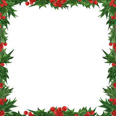 Square watercolor bleed frame of holly leaves and berries