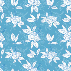 Hibiscus exotic floral seamless pattern design, white flowers on blue background