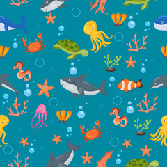 Vissen en wild zeedierenpatroon. Naadloze achtergrond met schattige zeevissen, lachende haaienkarakters en zee onderwaterwereld vector nautisch behang