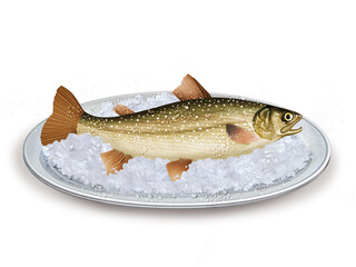 omble , poisson, plateau, glace pilé, fraîcheur, frais, pêche, aliment, mer, animal, ailette, sain, queue, fond blanc, attraper, repas, cuisiner, plat, viande