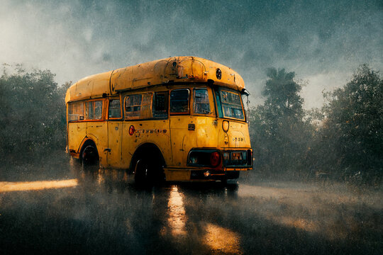 The yellow school bus is on the road.