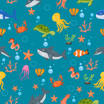 Fish and wild marine animals pattern. Seamless background with cute marine fishes, smiling shark characters and sea underwater world vector nautical wallpaper	
