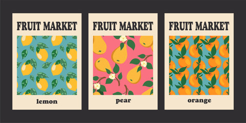 Naklejka premium Set of decorative modern abstract posters with fruits. Oranges, lemons and pears. Covers for brochures, notebooks. Vector illustration