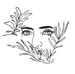 beautiful model face with natural leaves. minimalist smooth line art