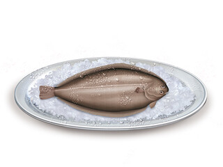 sole, poisson, plateau, glace pilé, fraîcheur, frais, pêche, aliment, mer, animal, ailette, sain, queue, fond blanc, attraper, repas, cuisiner, plat, viande