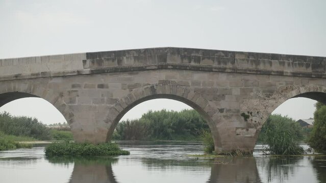 Brick bridge with three arches, across the river. Summer grass in the water.
