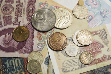 Old money of the USSR close-up. Macro photography of retro coins of the Soviet Union, vintage details