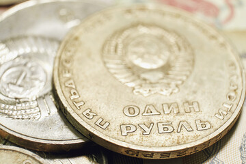Old money of the USSR close-up. Macro photography of retro coins of the Soviet Union, vintage details