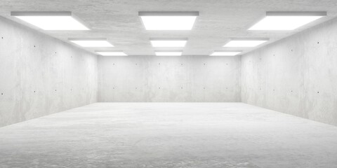 Abstract empty, modern concrete room with array of square lights on the ceiling and rough floor - industrial interior background template