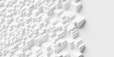 Randomly positioned white cube boxes block fractal background wallpaper banner with copy space, fading out geometry pattern