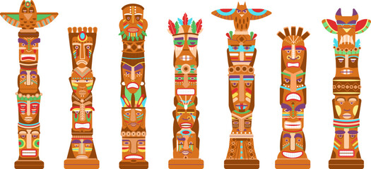 Mask totem poles. Hawaii tiki totems, ancient mythological symbols indigenous americans. Tribal masks, cartoon native indian decent vector sculptures - obrazy, fototapety, plakaty