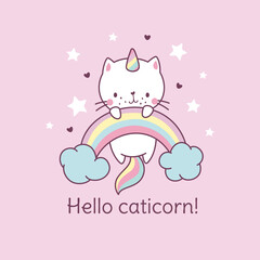 Caticorn poster. Cat unicorn on rainbow, fairy kitten t-shirt kawaii print. Cute funny magic character, sweet baby animal nowaday vector background