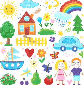 Children drawing. Child paint house scribbling crayons, color pencil kid draw elements. Flowers, rainbow car and ship, fruits and smiling sun neoteric vector clipart