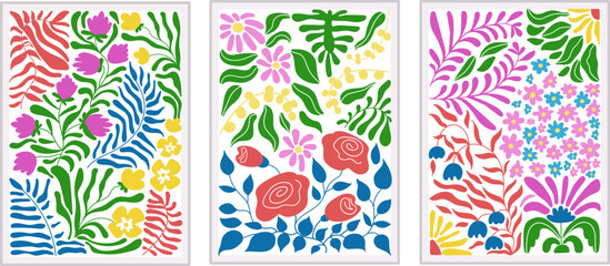 Contemporary doodle flowers wall posters. Abstract trendy matisse inspired decor. Naive colored botanical floral background. Minimal decent vector templates