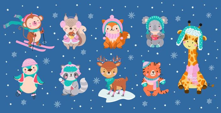 Winter animal characters. Holiday cute animals wear scarf and hats. Forest wild fox raccoon deer. Koala with hot drink, scandinavian snow penguin nowaday vector set