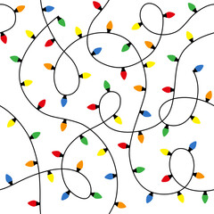 Christmas lights background. Seamless pattern with colorful garlands of light bulbs. Texture for print, textile, fabric, packaging.