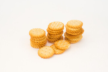 Stacked of crackers isolated on white background.