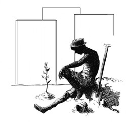The man planted the plant, now looks at it thoughtfully, with the urban agglomeration looming in the background. Back to nature. Illustration made with thin pen. Black and white drawing. - obrazy, fototapety, plakaty