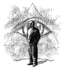 The figure of a man against the eye of providence - pen drawing, black and white illustration. 