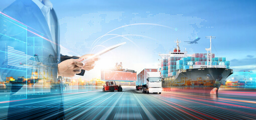 Business and Technology of Logistics Transport Concept, Double Exposure of Businessman using tablet...