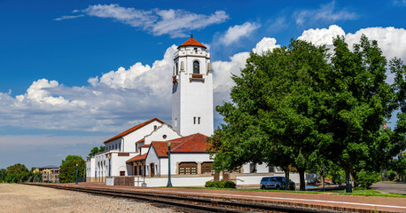 Train depot in Boise Idaho with tracks and loading platform