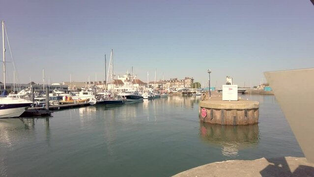 Panning shot of Lowestoft marina on the Suffolk coast. Captured on a bright and sunny morning