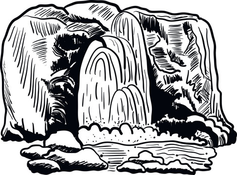 recommend clip art: waterfall in mountains landscape with lake hand drawn vector outline drawing