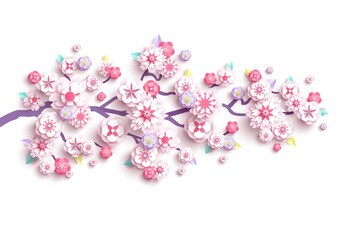 Cherry blossoms spring flower paper cut isolated on white background. Vector illustration. Japanese sakura garden, apricot plum branch papercut style. Korean wedding card design element