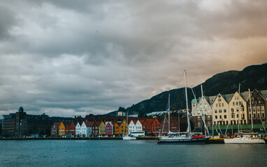 Bergen City Center. Cloudy sky, colourful typical houses. 