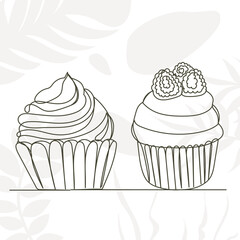 cakes drawing by one continuous line, on abstract background vector