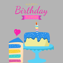 Happy birthday to you cake and slice with ballon heart  and candle 