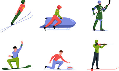 Fototapeta na wymiar Winter sport. Snow skaters on ski ice extreme sport olympic athletes skiing snowboarding sledding garish vector flat characters
