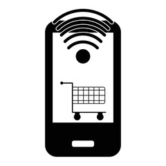 Online shopping cell phone mobile black white outline icon symbol sign - vector illustration