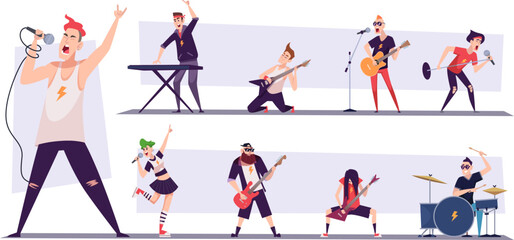 Rock musicians. Entertainment artists in fashioned costumes with instruments guitar drum vocal microphone exact vector cartoon people