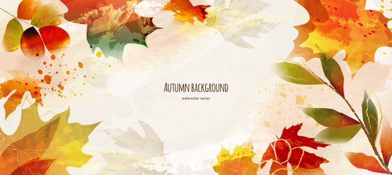 Watercolor landscape with autumn leaves. Autumn abstract background