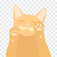 Red cat with closed eyes and raised paws. Avatar, icon, symbol, logo, print. Isolated vector illustration on a transparent background
