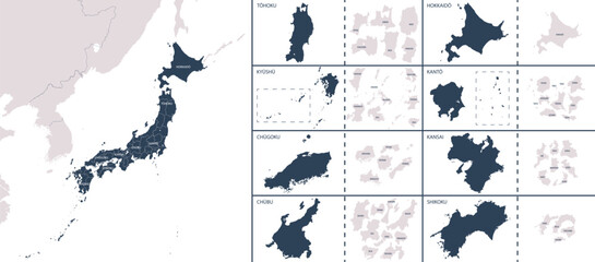 Vector detailed map Japan with the administrative divisions of the country, each region is presented separately, detailed and divided into prefectures