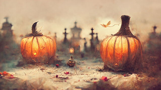 Halloween season festival haunted house ghosts background. Digital painting.