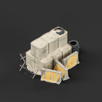 Isometric View Military Sand Blocks And Military Equipment Pile, 3d Rendering