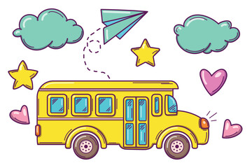 Back to School. Bright colorful set of doodles pictures, school bus, paper plane, clouds. Isolated on white background