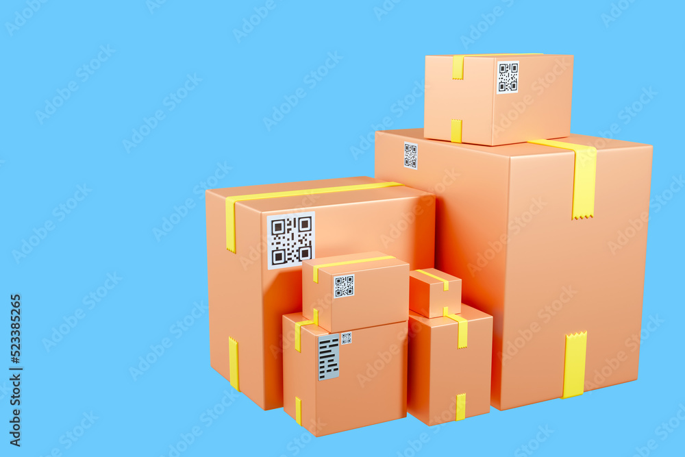 Poster cardboard boxes on a blue background. the collected orders in the boxes are sealed with tape. 3d ima