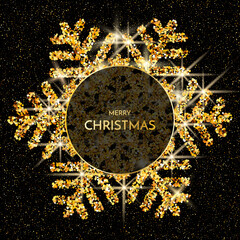 Merry Christmas greeting card. Gold snowflake of glitter on Dark background. Merry Christmas text.