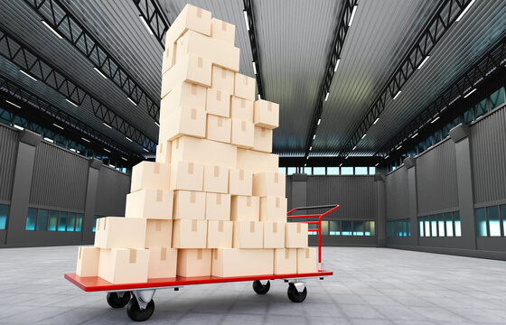 A cart on wheels with boxes in a warehouse..A cart with boxes. Mount of orders in the warehouse. 3d image