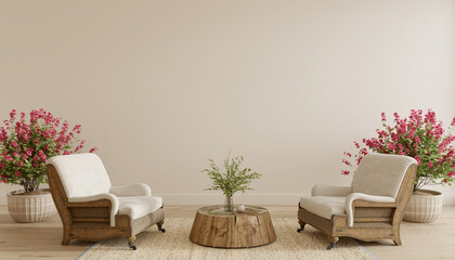 Vintage retro style living room. Classic country home village interior design. 3d render illustration in pastel colors.