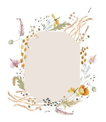 Wildflowers, herbs boho border painted in watercolor. Dried pampas grass floral  bouquet, frame. Botanical boho elements isolated on white. Wedding invitation, greeting, card, print, scrapbooking