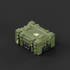 Isometric view Green military plastic crate. Ammunition and military assets crate, 3d rendering