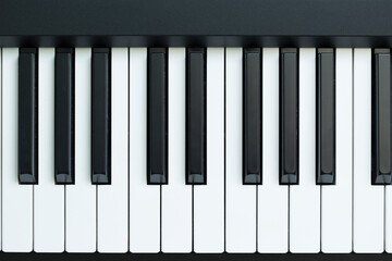 Piano keys close-up. Top view. Close up. Black and white.