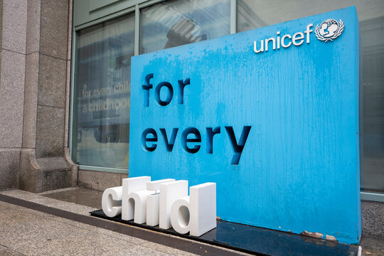 New York, NY, USA - July 8, 2022: The UNICEF sign outside the  headquarters of the United Nations Children's Fund (UNICEF), an agency providing humanitarian and developmental aid to children, in NYC.